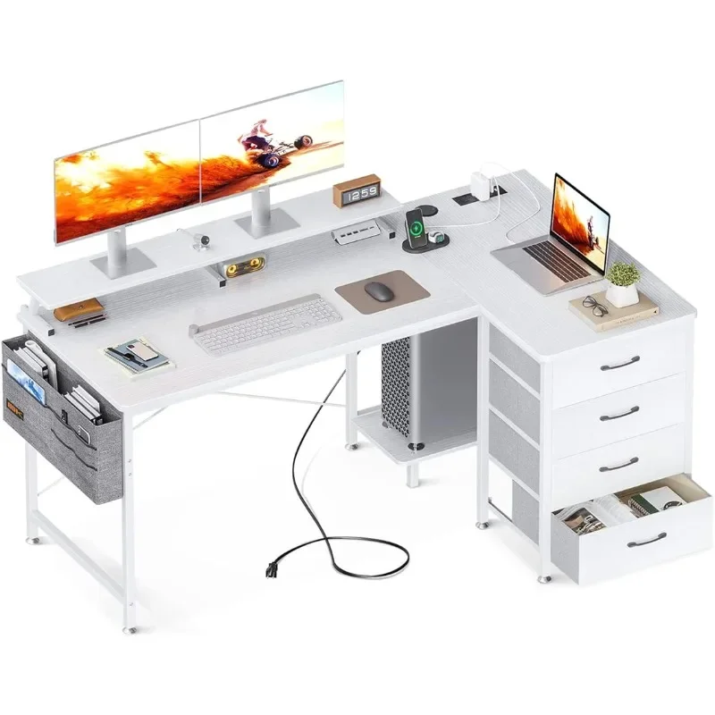 55 Inch L Shaped Computer Desk with USB Charging Port & Power Outlet, L-Shaped Corner Desk（Vintage/White）optional