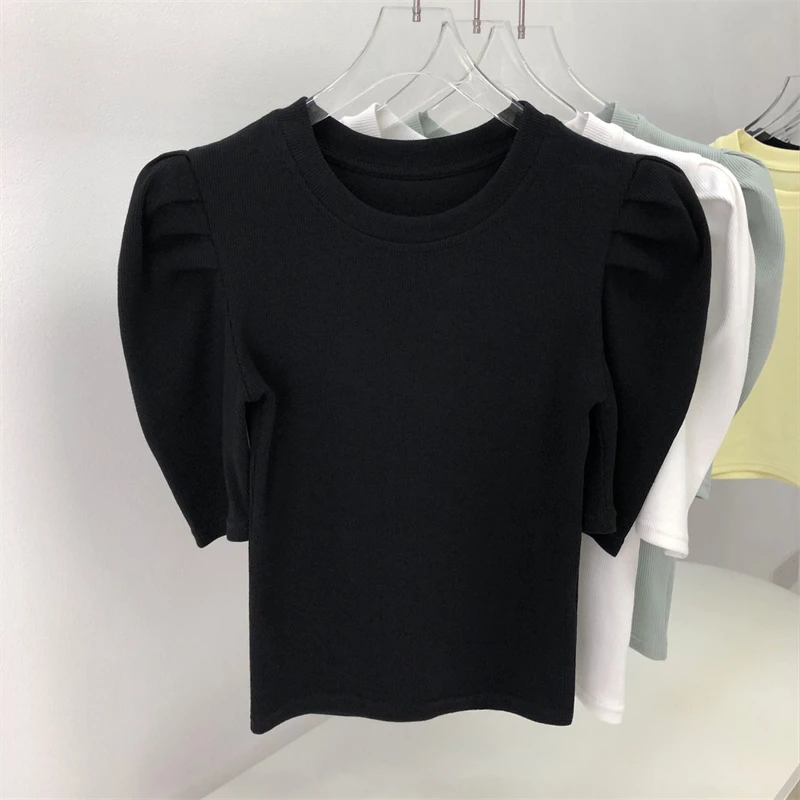 Women Vintage Fashion Puff Short Sleeve Ribbed Knit Basic T-shirt 2024 Summer Elegant Chic O Neck Solid Slim Tops Ropa De Mujer