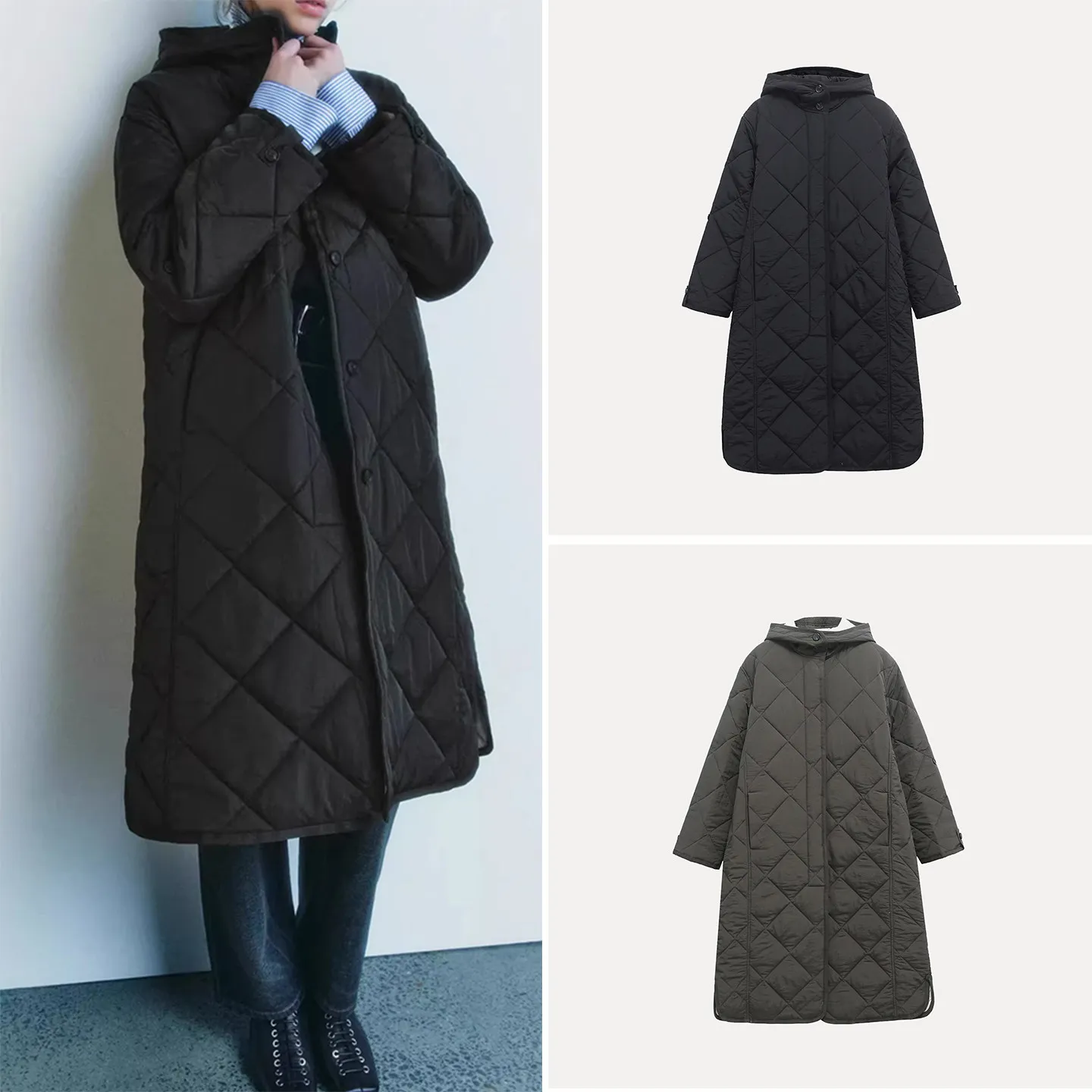 

Z Women's Long Hooded Quilted Side Slit Jaet 2025 Winter Faion Personali Ladies ort Outerwear Button Closure