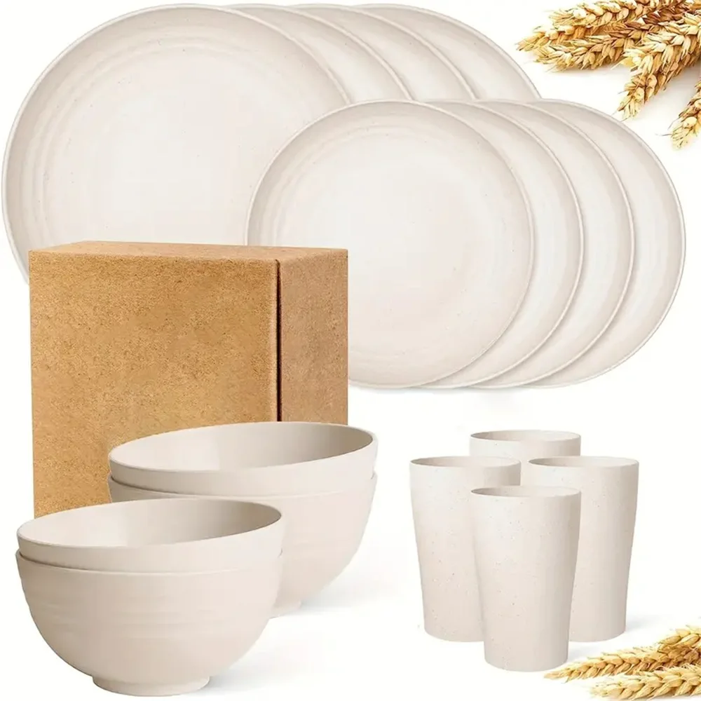 Wheat Straw Tableware Set Kitchen Supplies Water Cup Bowls Plate Play Saucer Plastic Dishes and Plates Dinnerware 16pcs/Set