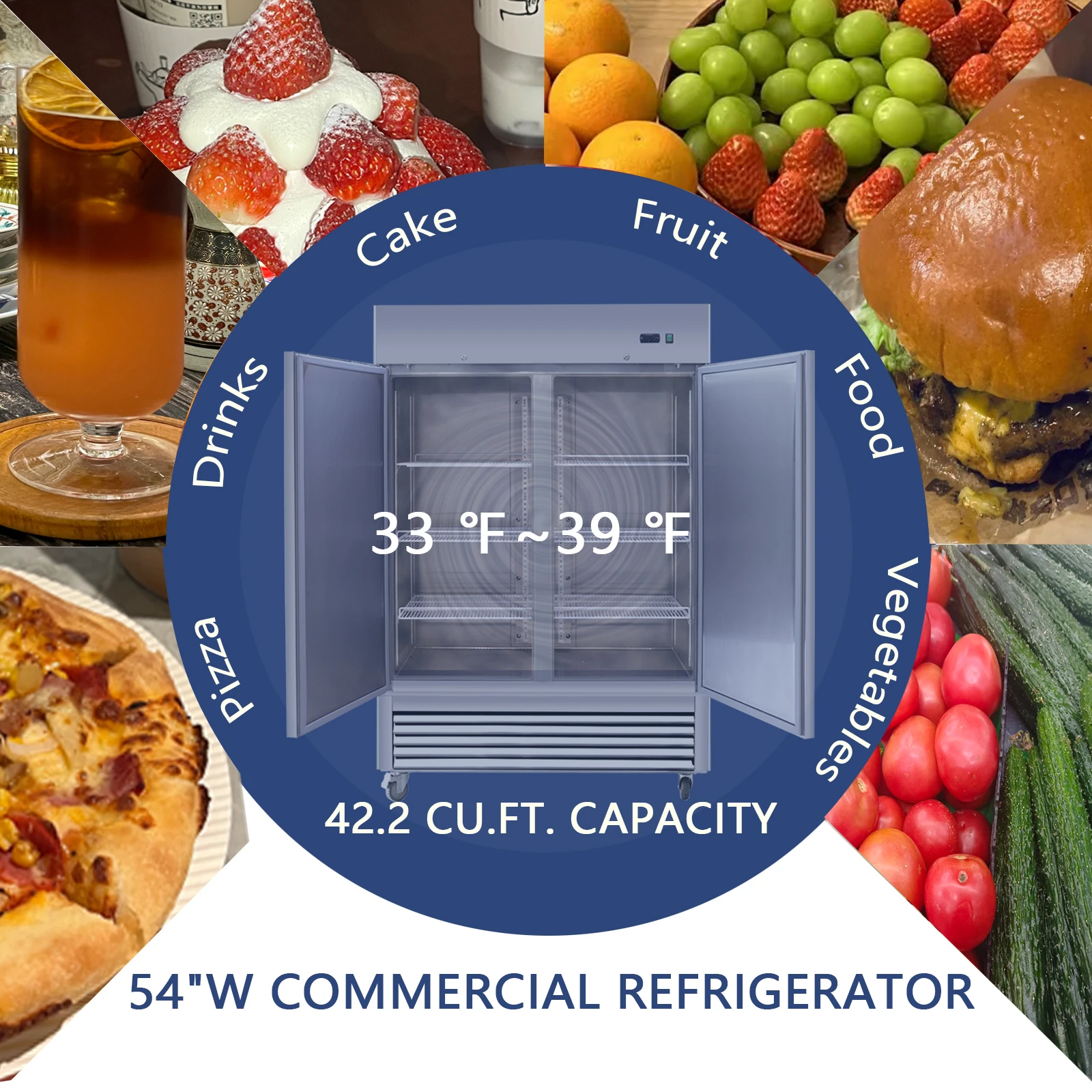 42.2 Cu.Ft. Commercial Upright Refrigerator 54"W 2 Solid Doors In ＆ Exterior Stainless Steel 33℉~39℉ Auto-Defrost for Home Bar