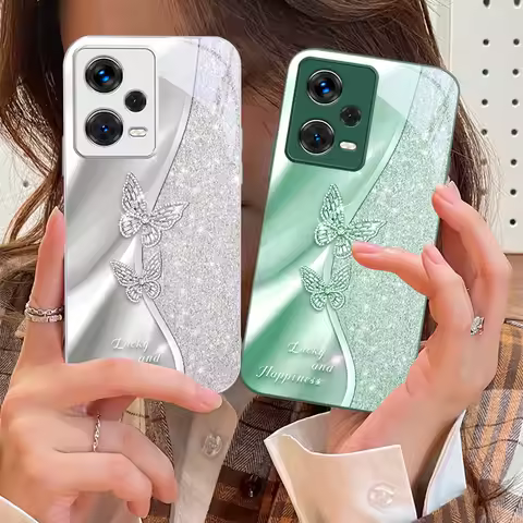 Golden Butterfly For Xiaomi 14 Ultra 13 Lite Redmi Note 13 11 Pro 12 Plus Poco X6 3 Pro F4 6 GT Tempered Glass Phone Case