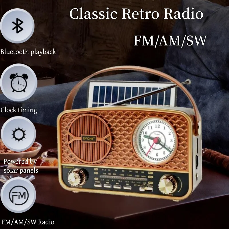 Portable Retro Classic Vintage Radio Pointer Clock FM AM SW Radios Solar Emergency Radio Bletooth Speaker TF USB Music Player
