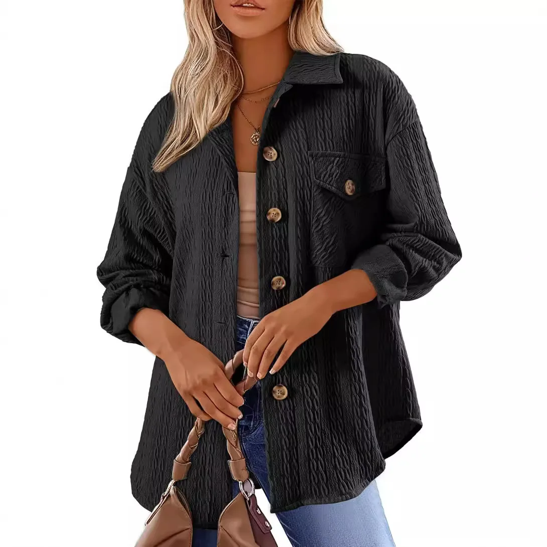 Women's Solid Color Long Sleeve Jacket Turn Down Collar Button Coat Tops with Pocket Female Loose Fit Fashion Casual Outerwear
