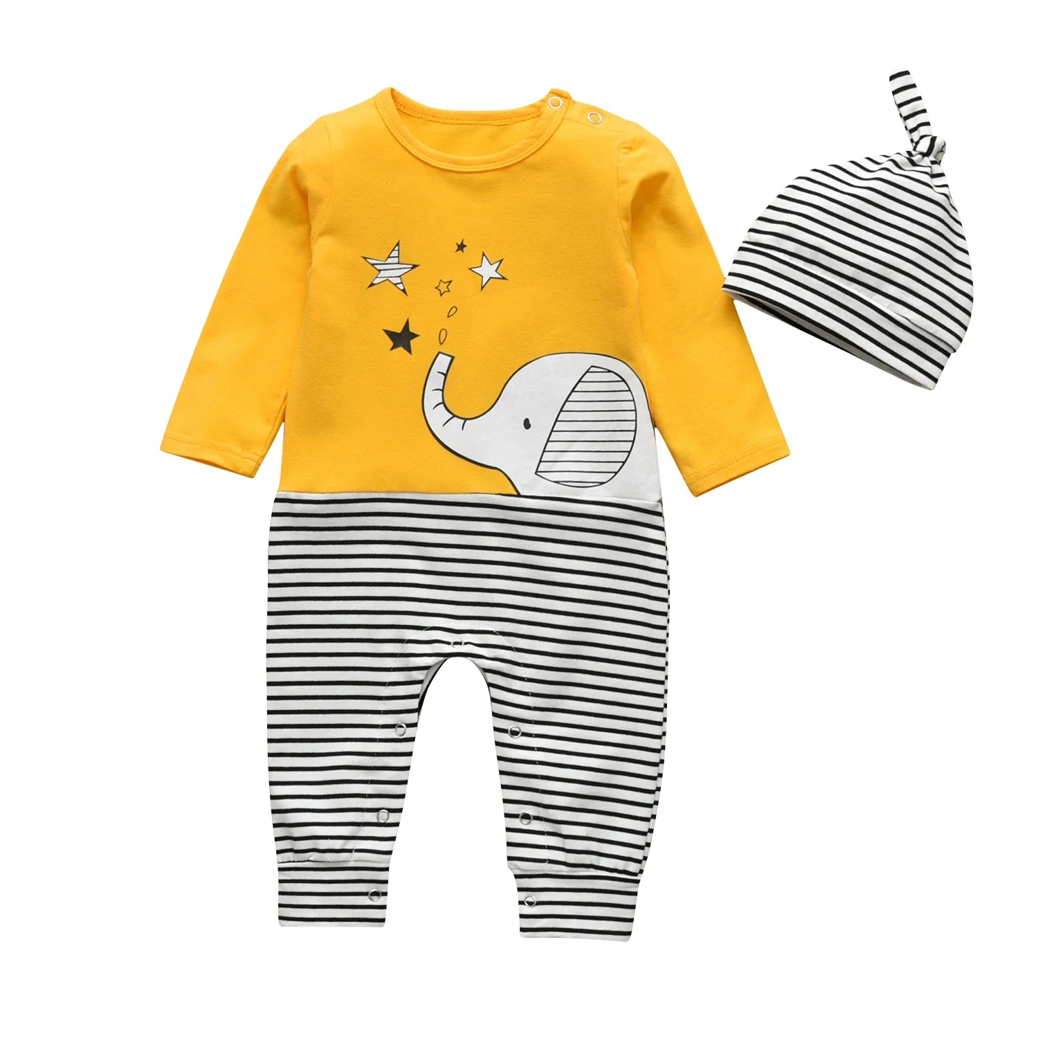 2Pcs Newborn infant Baby Boy Romper with Hat Clothes Set for 0-18mth Cute Printed Long Sleeve Toddler Boys Spring Autumn Outfit