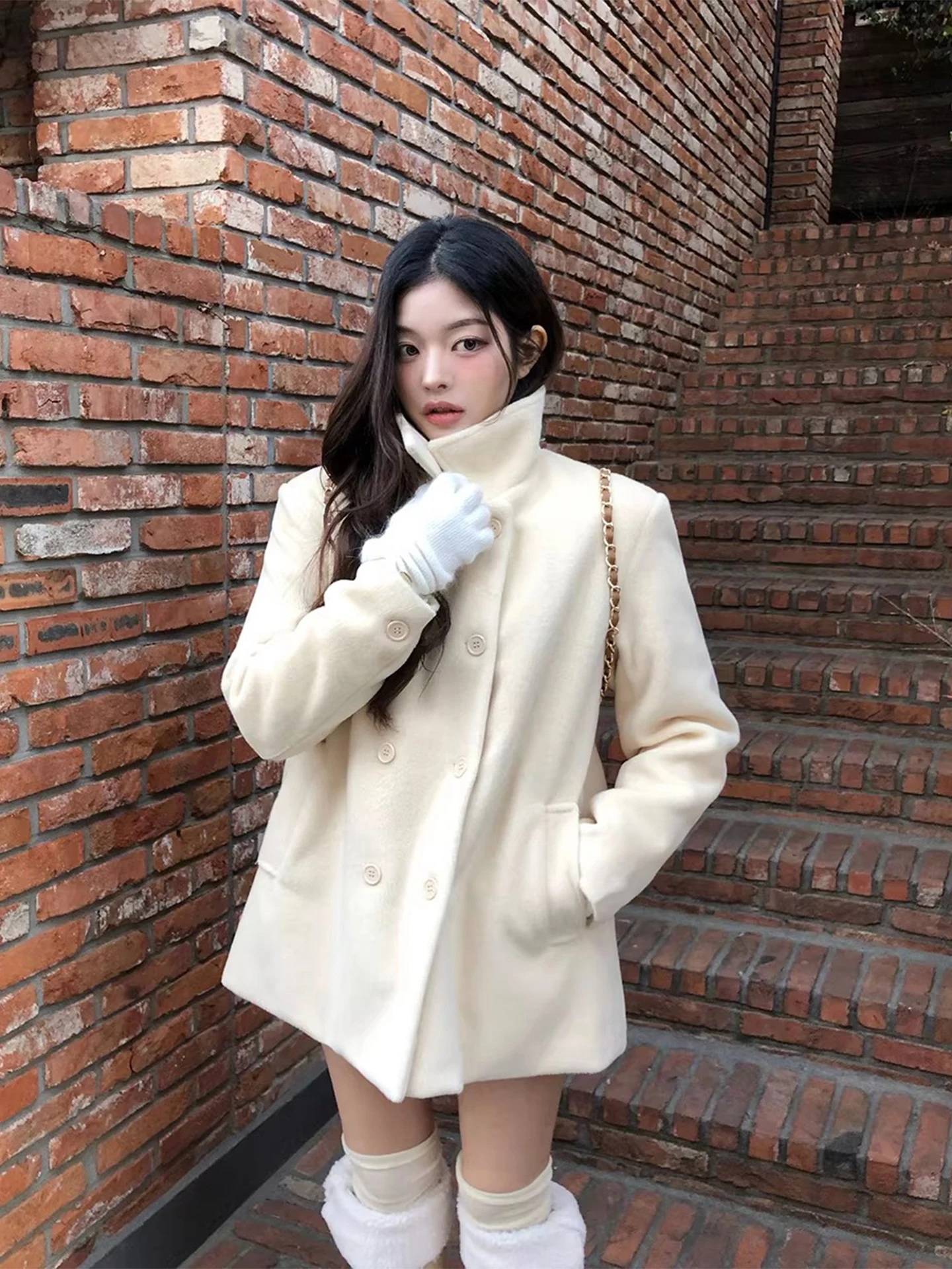 Cappotto di lana doppiopetto Thiened Cappotto di media lunghezza allentato da donna Cappotto grande coreano Sle Pendolarismo Pure E-commerce