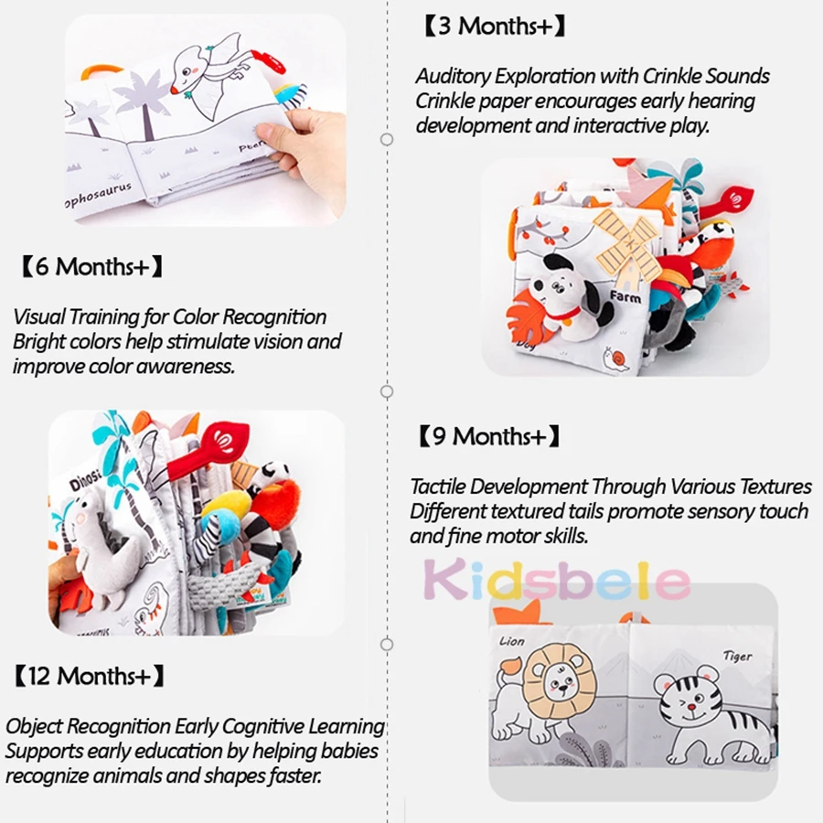 Livre en tissu doux pour bébé avec queue d'animal, livre d'activités sensorielles froissées pour nourrissons, jouet de poussette de berceau d'apprentissage précoce pour 3 à 12 mois