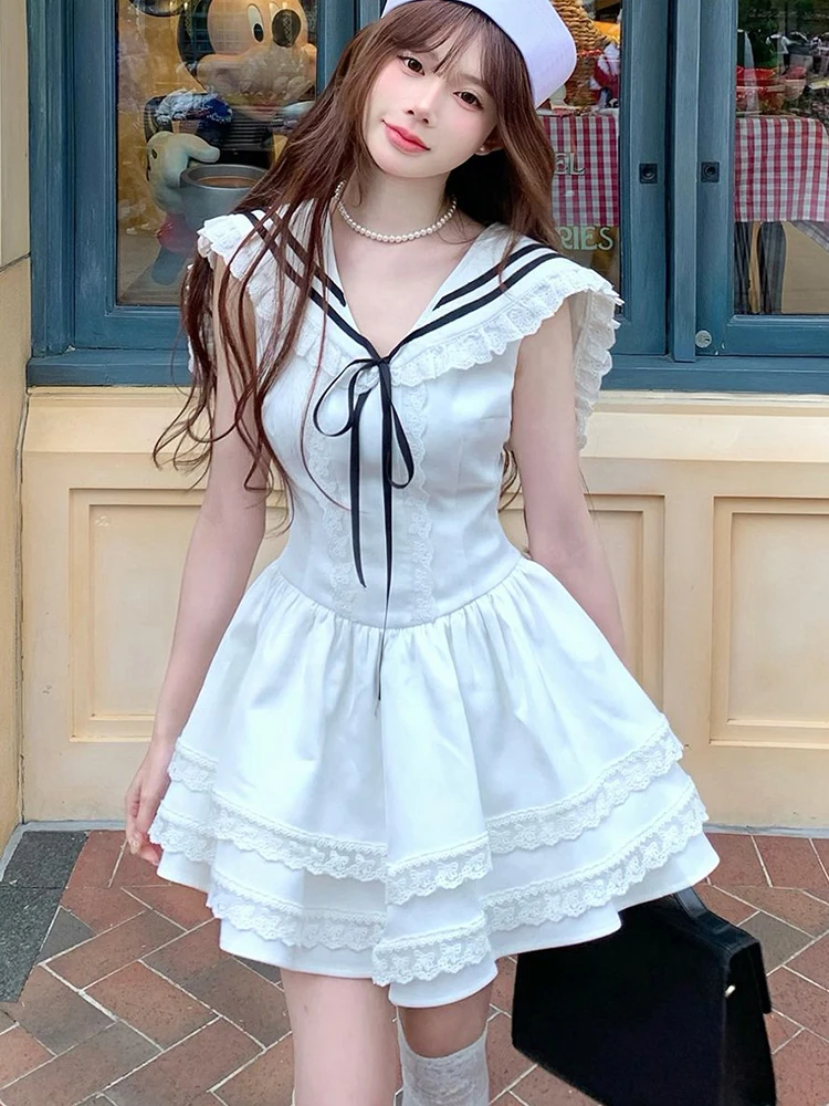 

Ruffles Flying Sleeve Mini Dress Women Summer Sweet Sailor Collar Cute Cake Dress Japan Fashion A Line White Elegant Vestidos