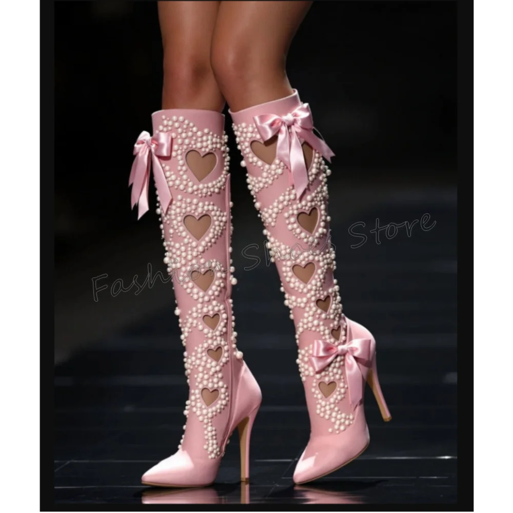 

Pink Side Zipper Love Hollow Out Pearl Boots Pointed Toe Women Shoes Thin High Heels Party Banquet Dating 2025 Zapatos Para Muje
