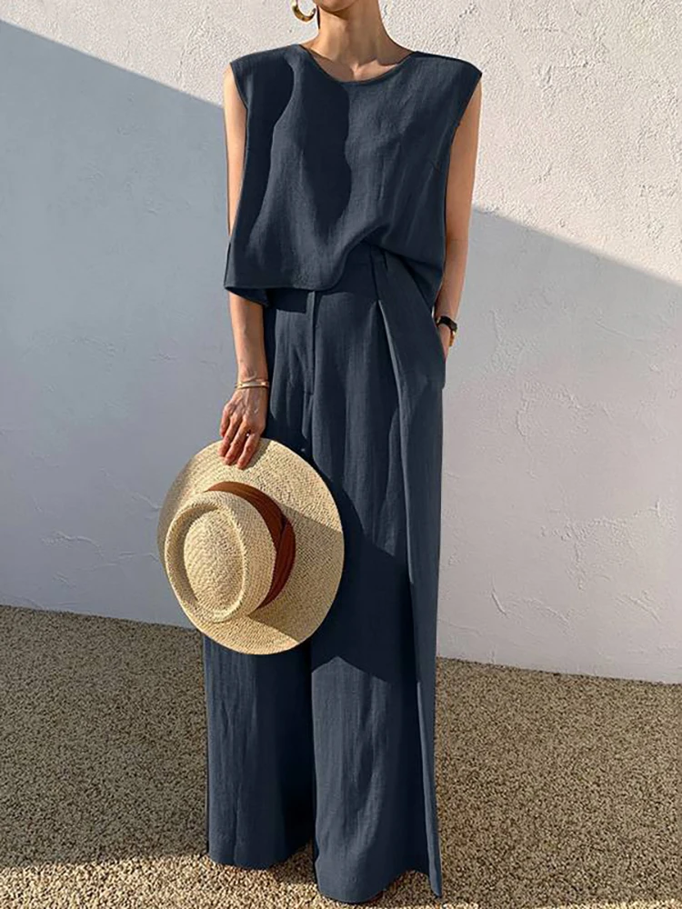 Women Fashion Two Pieces Sets Summer Solid Crew Neck Tank Tops And Wide Leg Pants Sleeveless Blouse Loose Long Trousers Suits