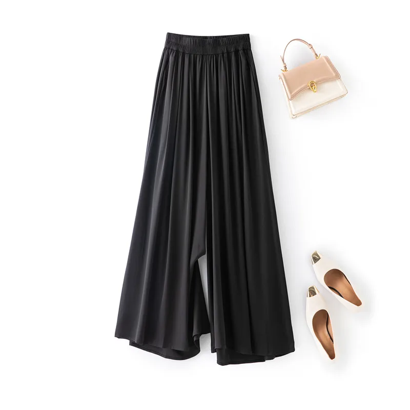 Women's Fashion Clothing 95% Natural Mulberry Silk Elastic Double Qiao Satin Elastic Waist Loose Black Versatile Wide Leg Pants