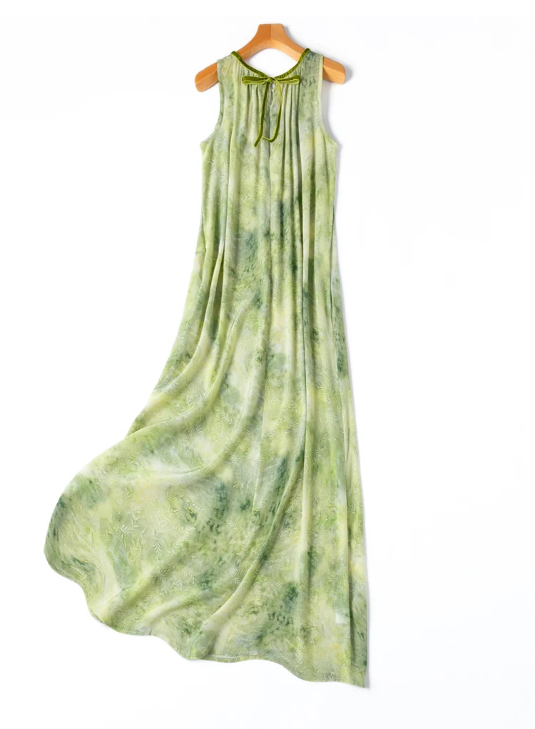 BirdTree, 100% abiti eleganti in vera seta, donna O collo senza maniche stampa Tie Dye, pendolarismo OL Party Dress, 2024 estate nuovo D45354QM