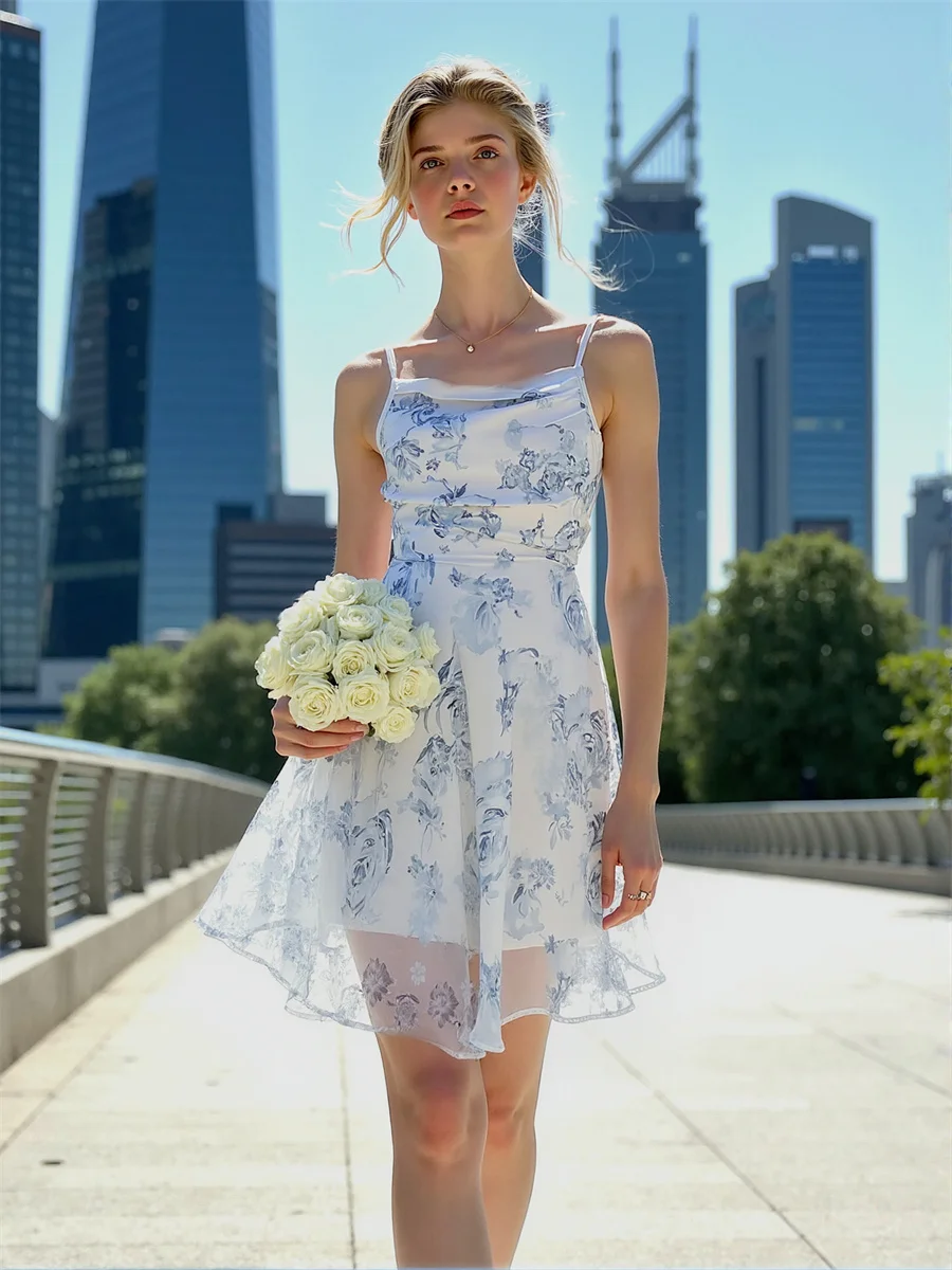 فساتين شيفون صغيرة مُزينة بنقشة الزهور باللون الأزرق السماوي للنساء عتيقة من Preppy Academia المحكمة الفرنسية الأدبية الفنية الأنثوية الكلاسيكية الأنيقة