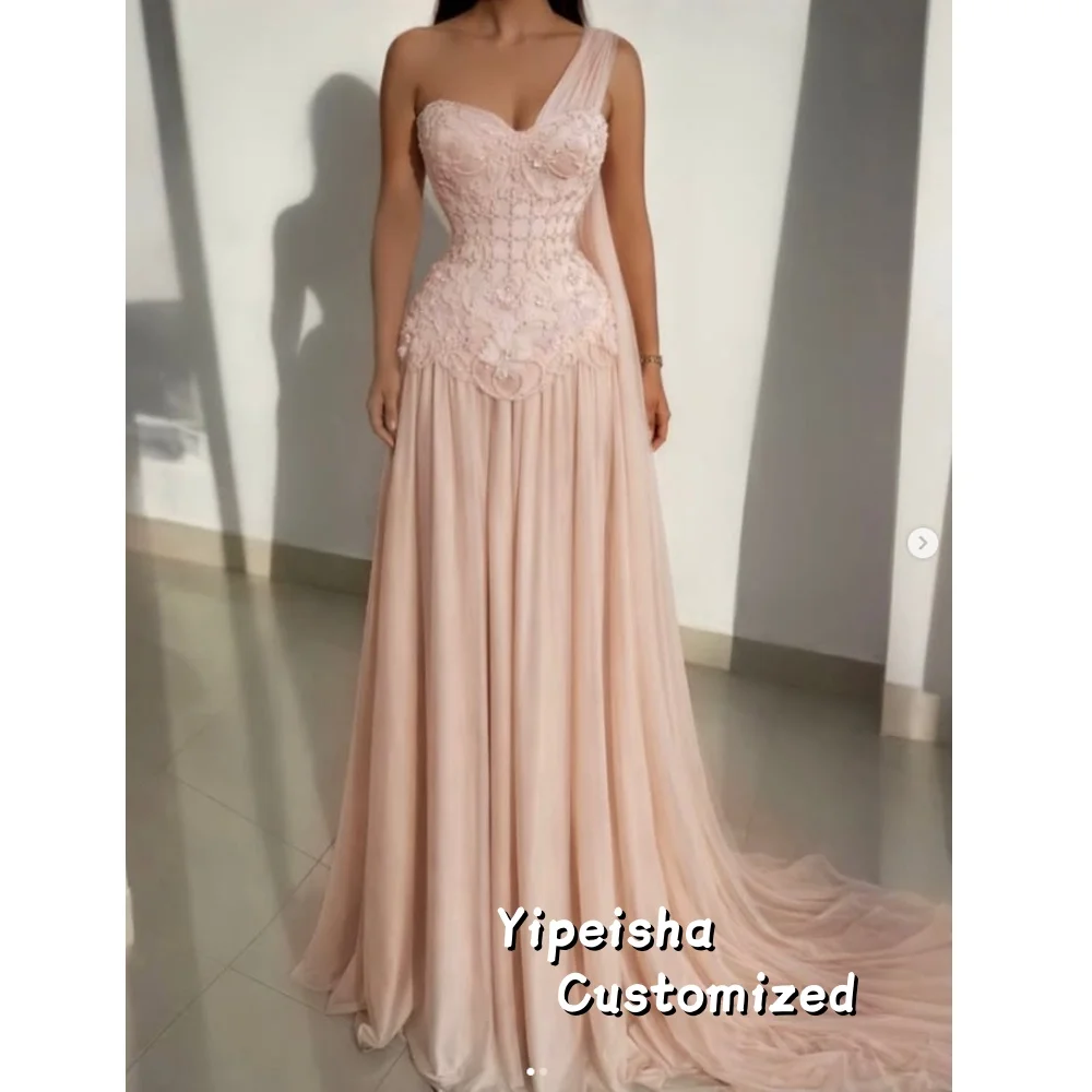 Customized A-line Women's Evening Dresses Floor-length One-shoulder Sleeveless Prom Gown Fashion Crystal Beading Draped Gowns image 2