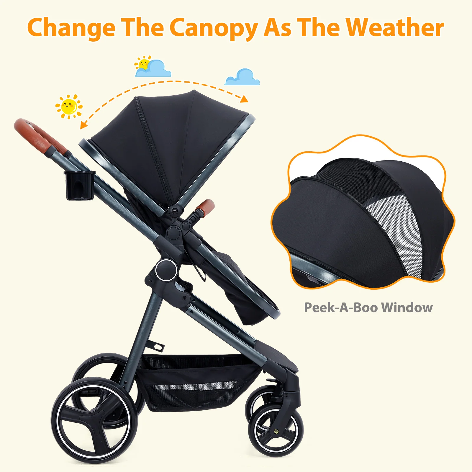 2 in 1 High Landscape Convertible Baby Stroller, Foldable Pushchair, Reversible Bassinet Pram with Adjustable Canopy Structure f