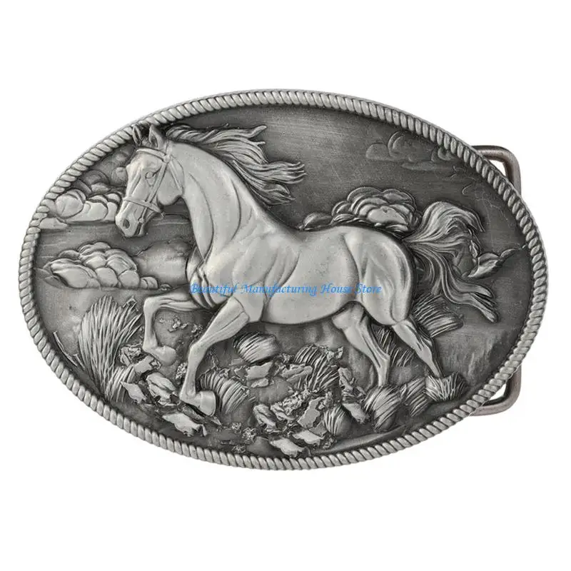 E56A Antique Embossed Horse Belt Buckle For Leather Straps With 3D Geometric Pattern Unisex Fashion Clasp Belt Accessory