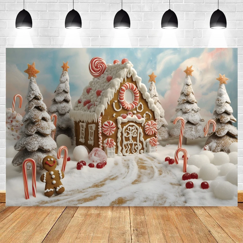 Christmas Gingerbread House Backdrop Photography Winter Snowy Candy House Decor Cake Smash Kids Portrait Photo Background Studio