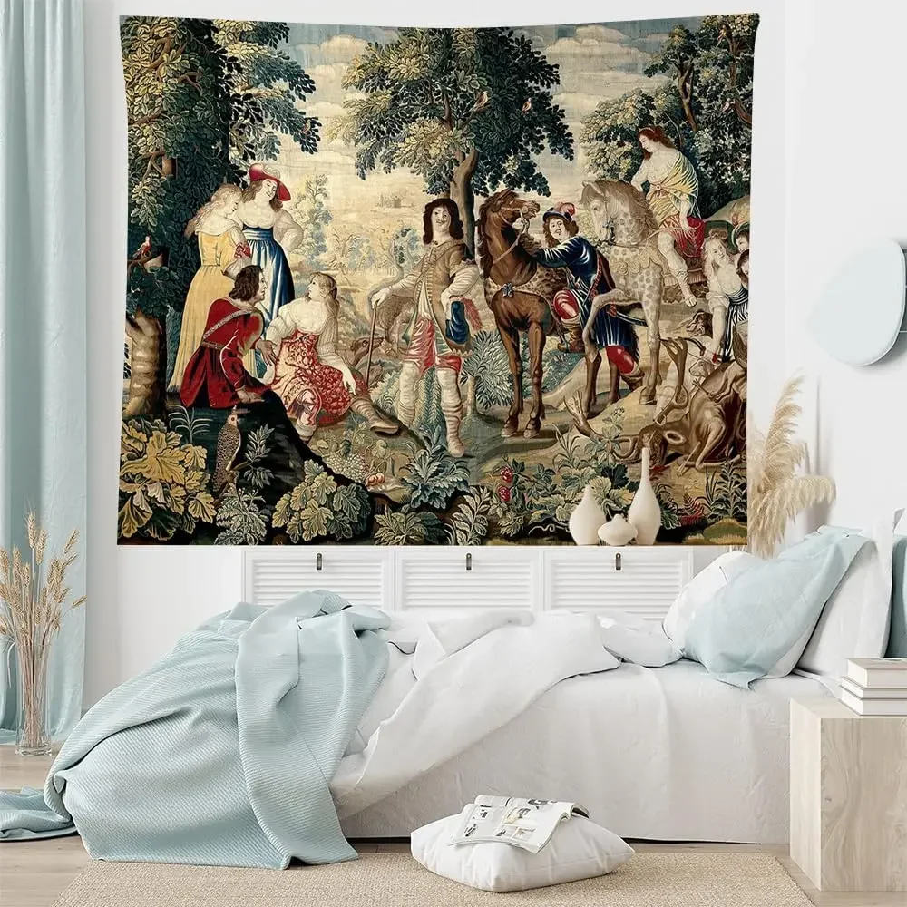 Vintage Renaissance Tapestry Wall Hanging European Style Art Decor Boho Living Room Picnic Scene Fabric Canvas