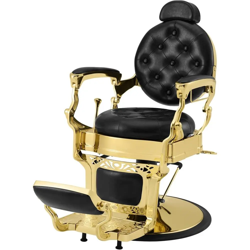 

Vintage Heavy Duty Barber Chair with Hydraulic Recline, Rounded Cushioning and Puckered Button (Gold)