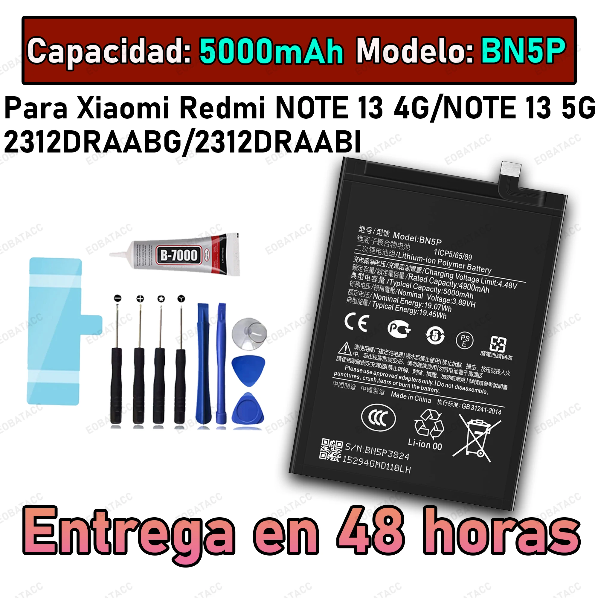 

100% New Zero Cycle BN5P Battery For XIAOMI Redmi Note 13 4G/Note 13 5G Bateria +Free Tools