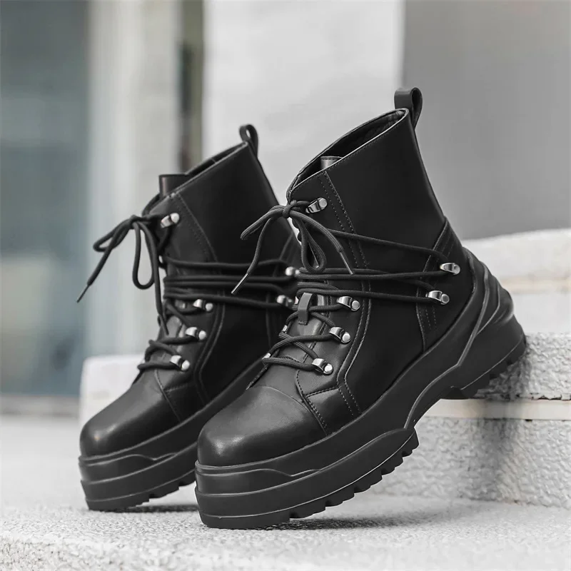 CLAIAMI Leather Men Ankle Boots Trendy Street Boots for Men Casual Lace-up Rubber Men Shoes Breathable Luxury Botas Hombre Piel