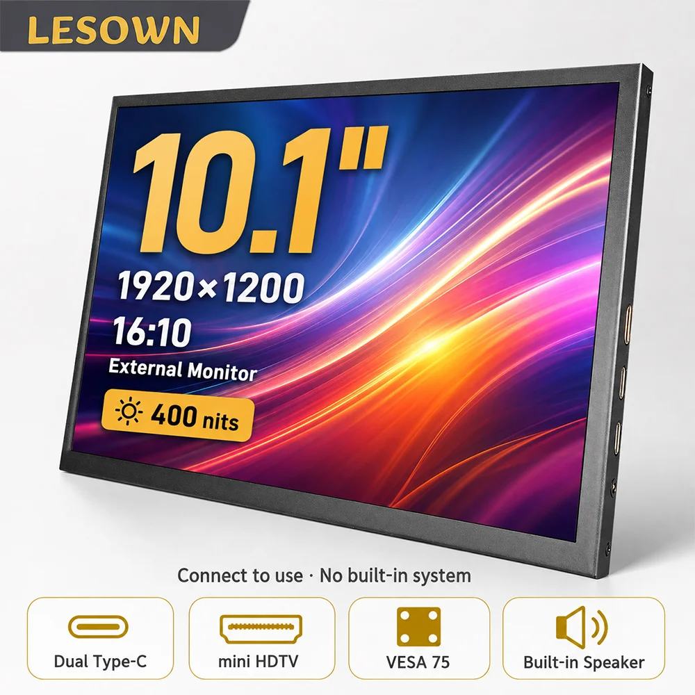 LESOWN Easy Setup 10.1 Inch Monitor Laptop Sub Screen Extension 1920x1200 Mini HDTV Portable External Display