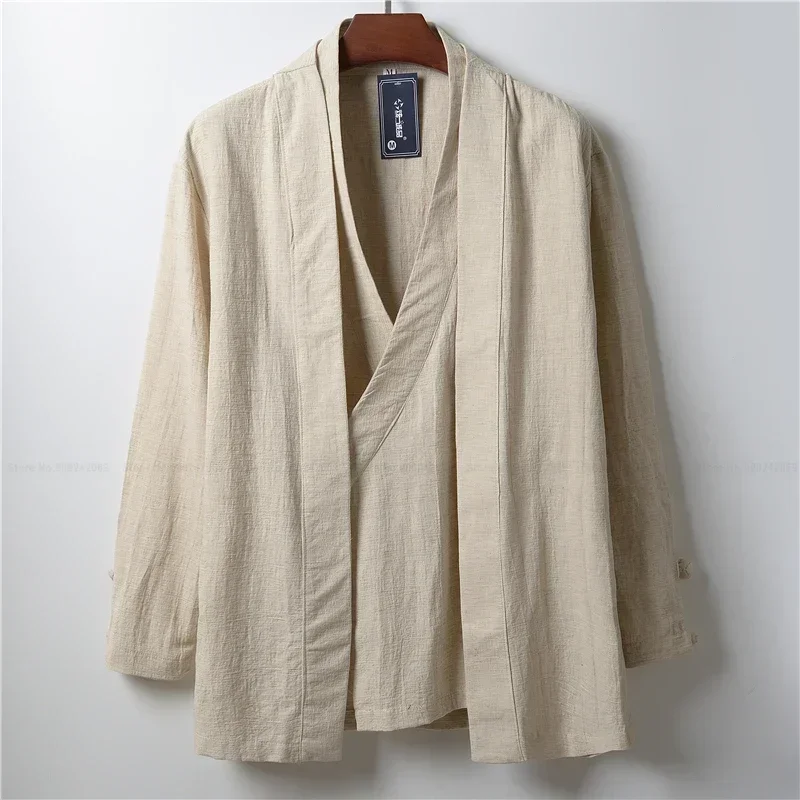 Chinese Style Men Linen Hanfu Cardigan Tops Zea Tea Kung Fu Shirts Japanese Kimono Jackets Coats Robe Oriental Fashion Clothing