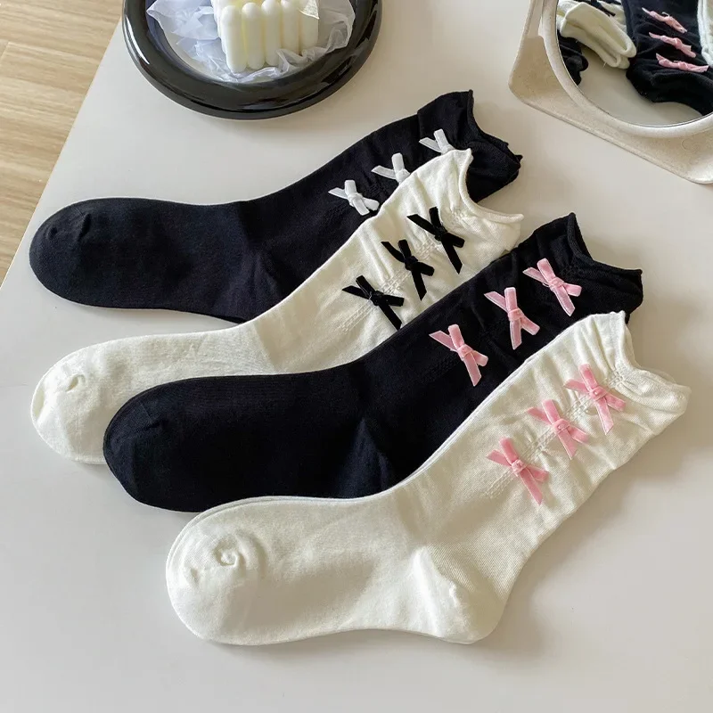 

JK Lolita Cute Princess Socks Sweet Girls Velvet Bowknot Kawaii Socks School Japanese Style Solid Color Black White Long Socks