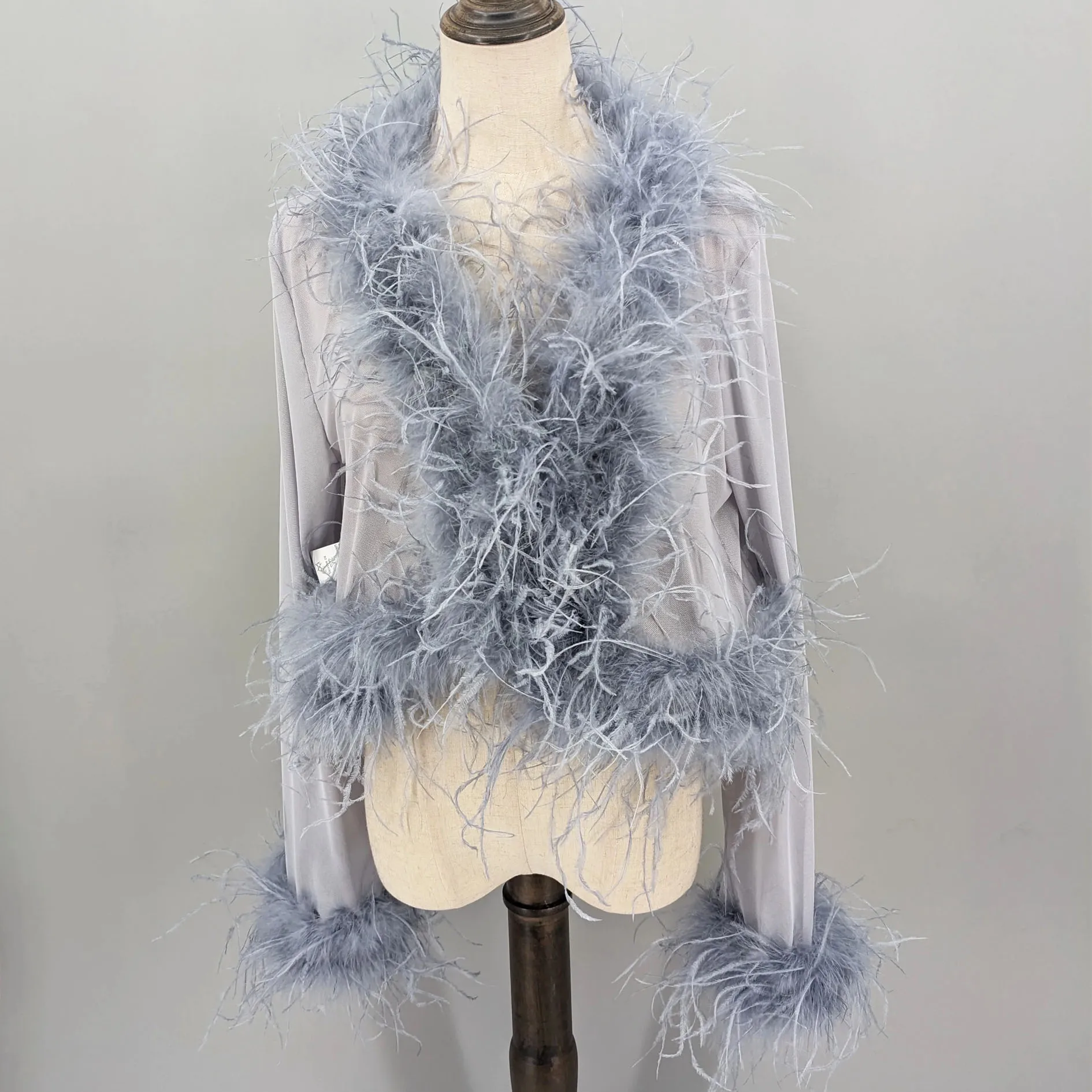 Women See-Through Top with Real Ostrich Feather Brown Black Cropped Jacket Top Bolero 240711