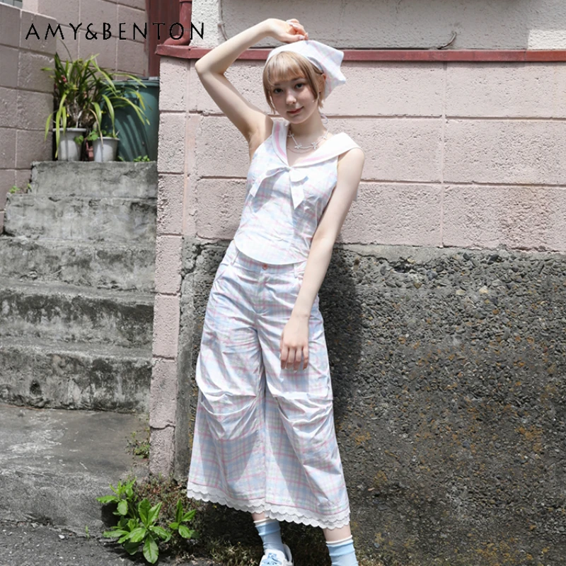 

Korean New Pink Plaid Navy Collar Sleeveless Women's Top Original Sweet Loose Slimming Versatile Lace Capri Pants Sets Ladies