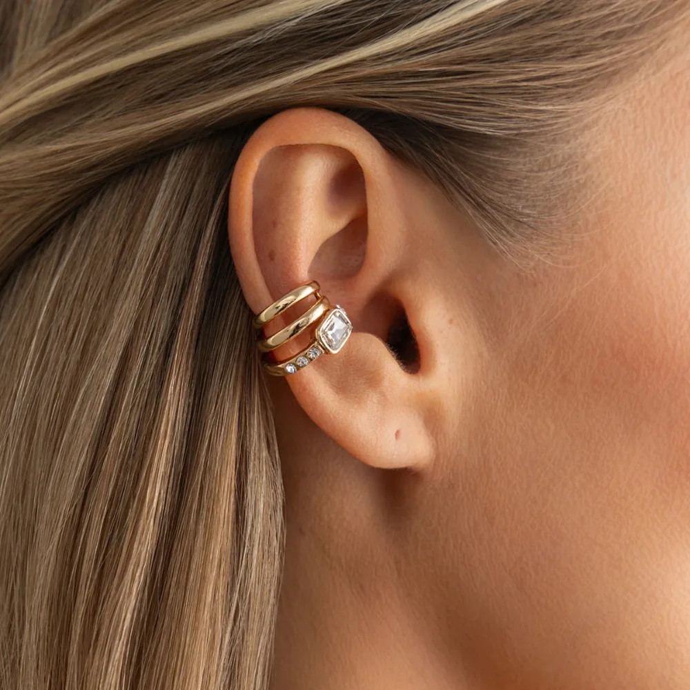 Multi-Layer C-shaped Ear Clip Luxury Crystal Clip Earrings for Women Girls Geometric Metal Fake Piercing Earring Jewelry Gifts