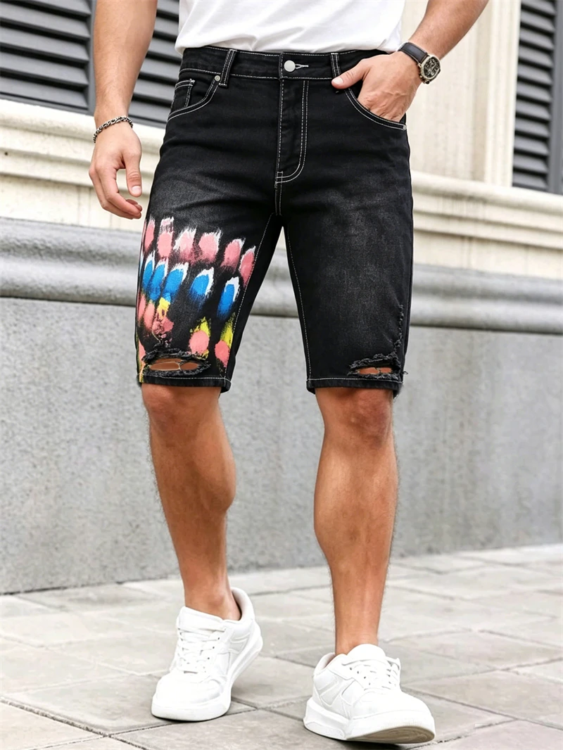 

Korean Fashion Stretch Jorts Men's Summer Denim Shorts Graffiti Ripped Knee Length Y2K Jean Shorts Hip Hop Streetwear Distressed