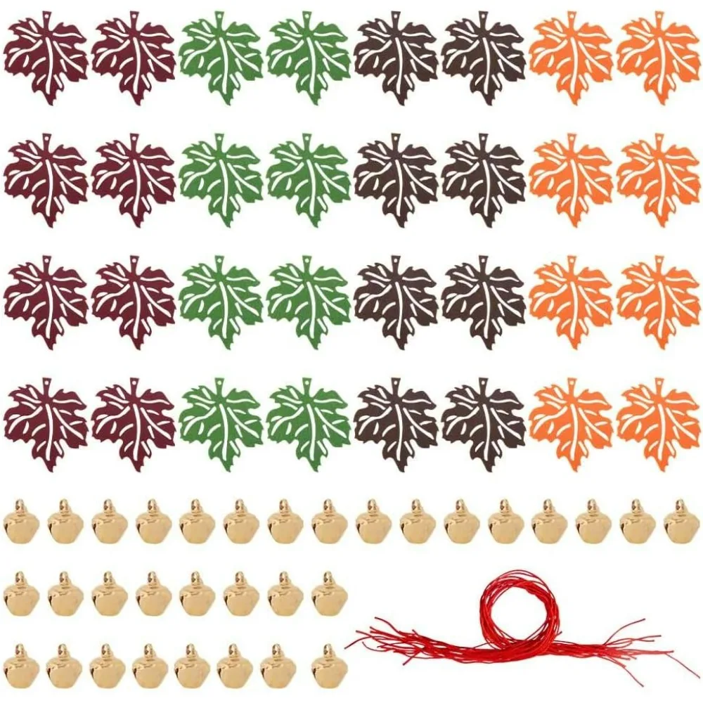 32Pcs 4 Colors Felt Maple Leaf Ornaments Thanksgiving Decorations Hanging Fall Leaves Pendants with 36Pcs Bell and Rope for