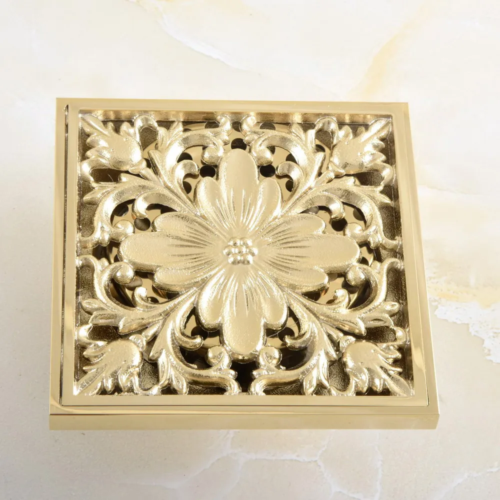 

Luxury Gold Color Brass Carved Flower Pattern Bathroom Shower Drain 4" Square Floor Drain Waste Grates ahr055