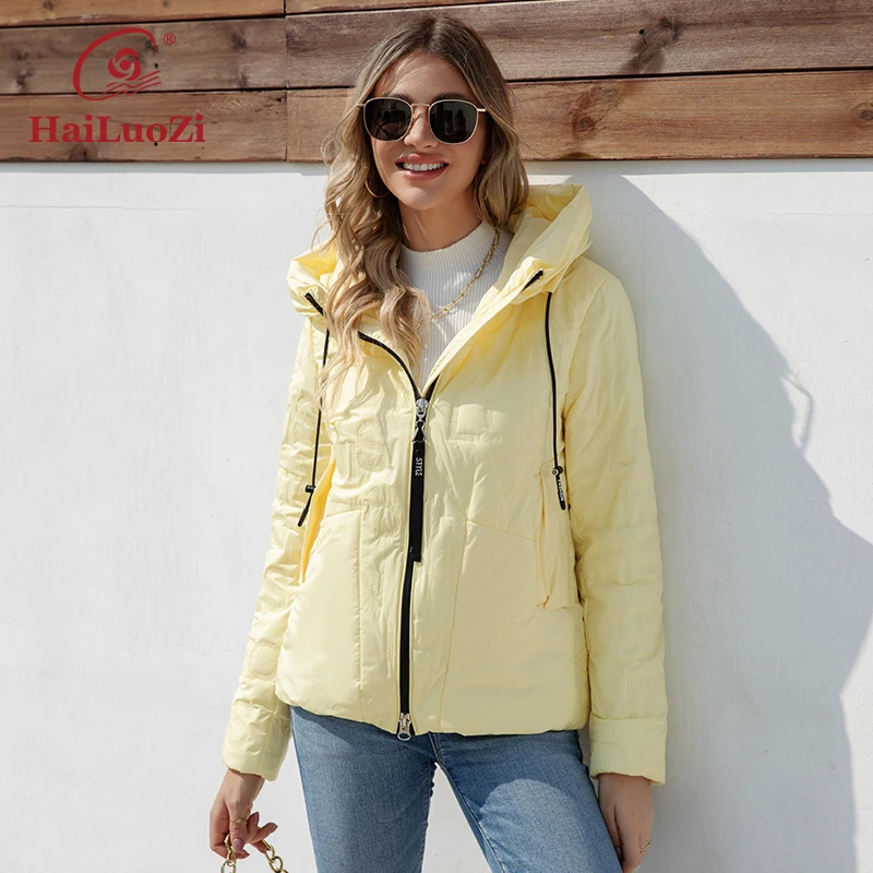 HaiLuoZi 2023 Spring New Design Women Jacket Hooded Splicing Female Outwear Windproof Warm Parkas Elegant Women\'s Coat 7051