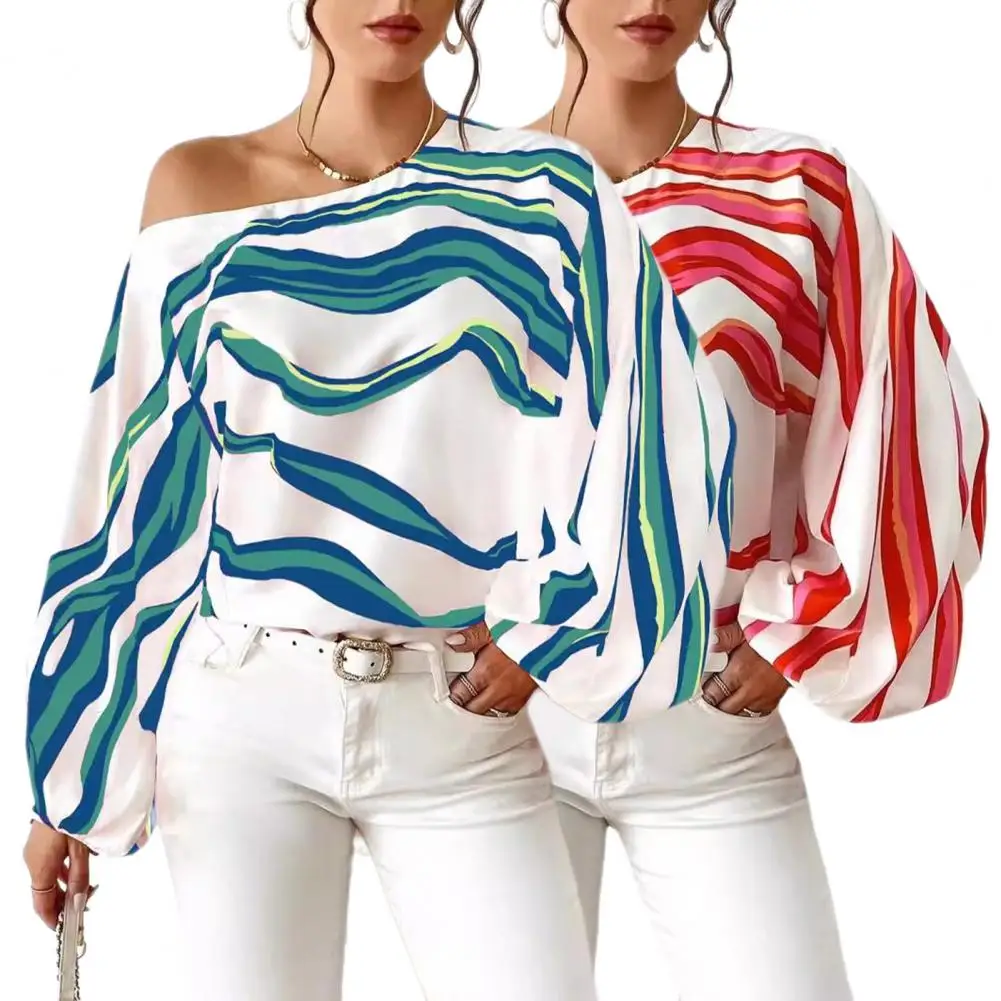 Regular Fit Women Blouse Geometric Striped Print Women\'s Spring Summer Blouse with Lantern Long Sleeve Slash Neck for Women