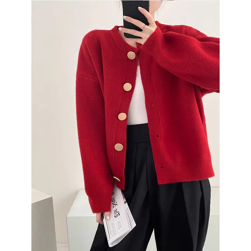 

Women's Solid Color Loose Knitted Cardigan Neck Casual Soft Waxy Autumn Winter Gentle Wind Sweater Jacket Simple Lazy