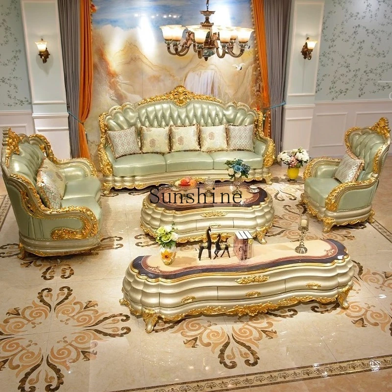 

European-style living room combination small apartment light luxury solid wood sofa high-end luxury villa champagne color