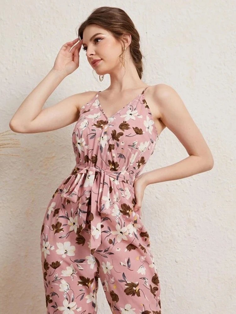 Fashion Women\'s Casual Romantic Halter Flower Print With Belt Lace-up Romper Casual Romper