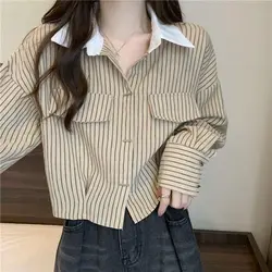 Contrast Gestreepte Patchwork Korte Blouse Lente Nieuwe Polo Hals Lange Mouw Losse Mode Shirt Tops Office Casual Dameskleding