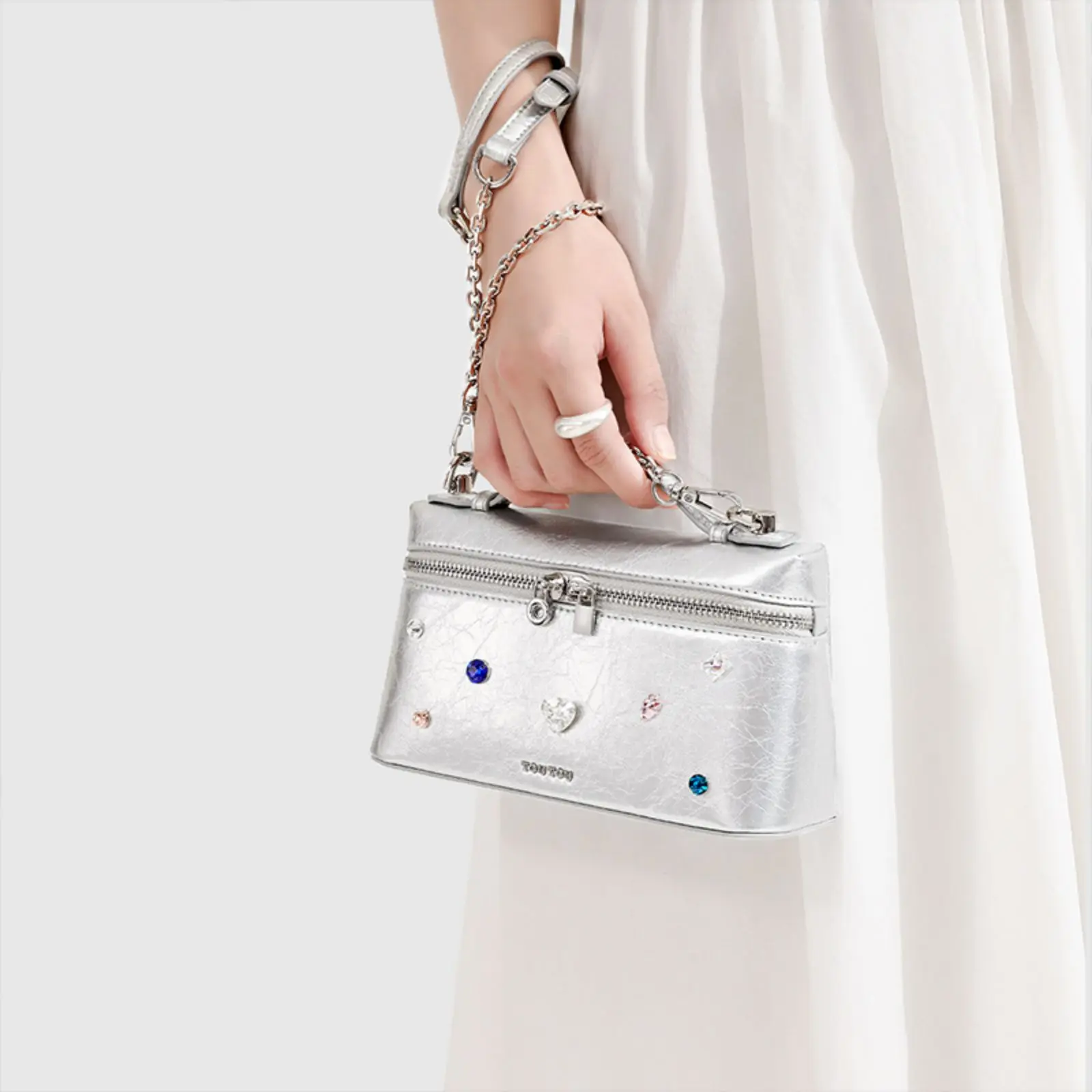 TOUTOU Jewel Embellished Box Bag, New Summer Silver Handbag, Luxury and Exquisite Shoulder Bag