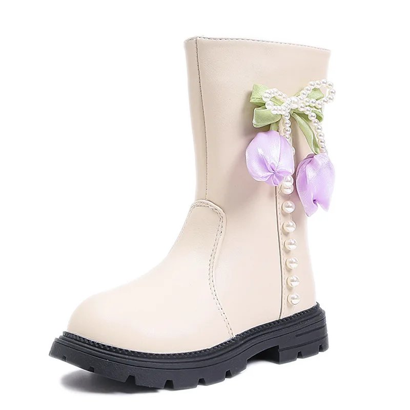 

2025 New Girls' Ankle Boots with Flower Bow Decor Fashion Versatile Zipper Casual Shoes Kids Non-Slip Mid-Calf Boots
