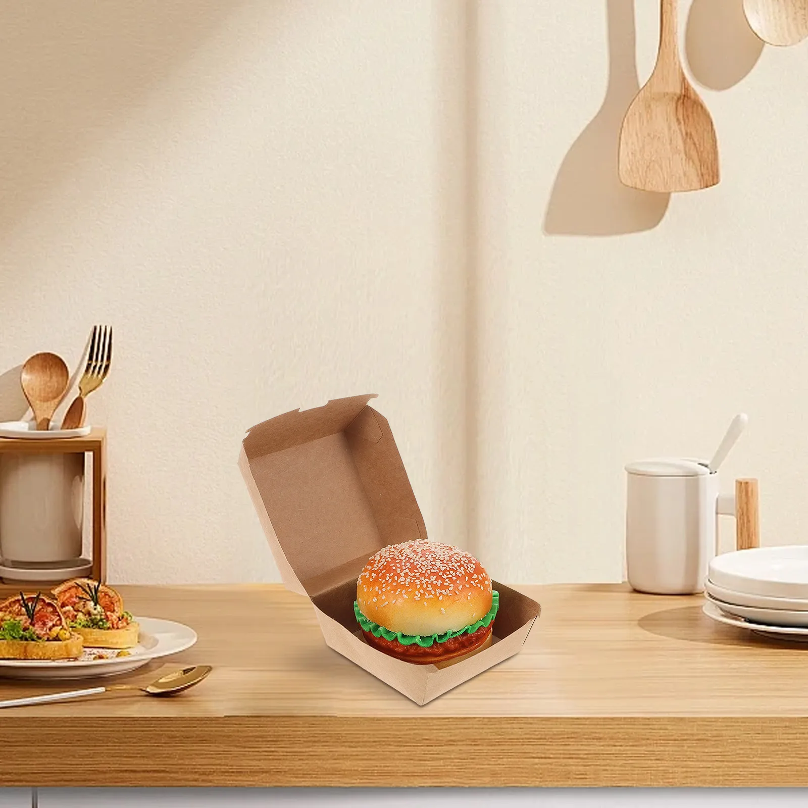 30Pcs Burger Boxes Kraft Paper Food Grade Disposable Takeout Food Containers Sandwich Pastries Snacks Picnic Party Packaging