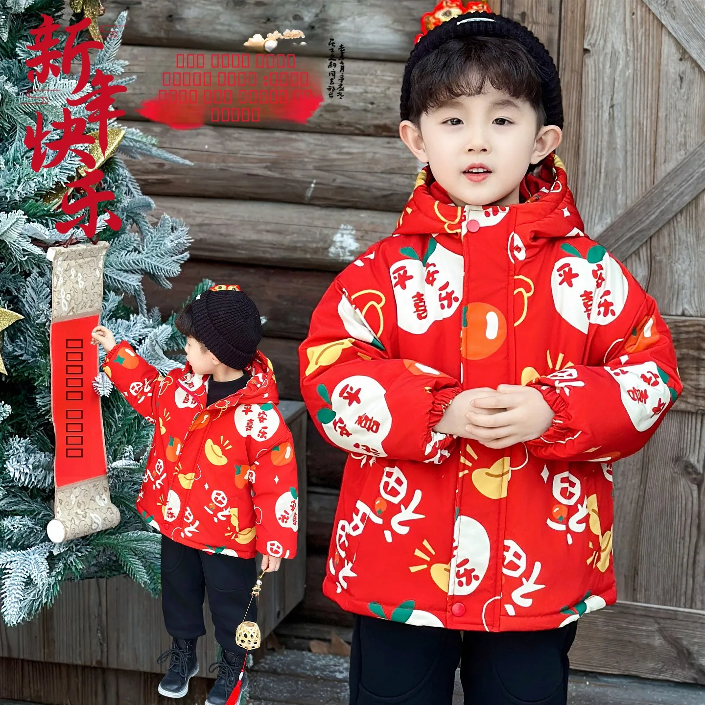 

Красная новогодняя хлопковая куртка для мальчиков, теплая утолщенная зимняя одежда с капюшоном, молодежный дизайн, однотонная, на молнии