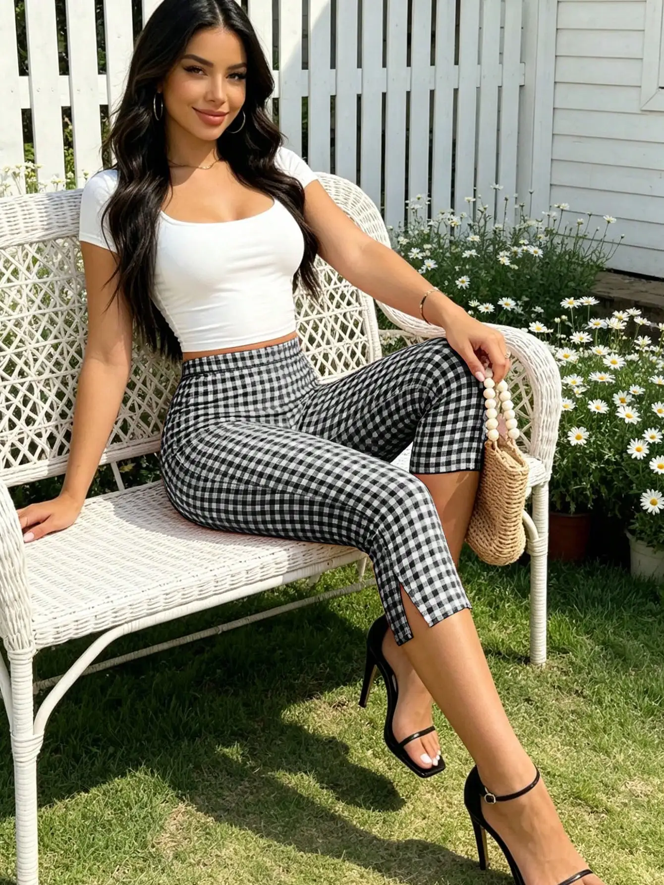 Dark Gray Checkered Printed Tight-legged slit Pants With High Waist Checkered Pants With Slit At The Bottom Women's Pants