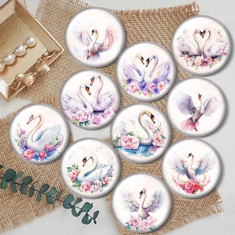 

White swan birds love flowers 10pcs mixed 12mm/18mm/20mm/25mm Round photo glass cabochon demo flat back Making findings