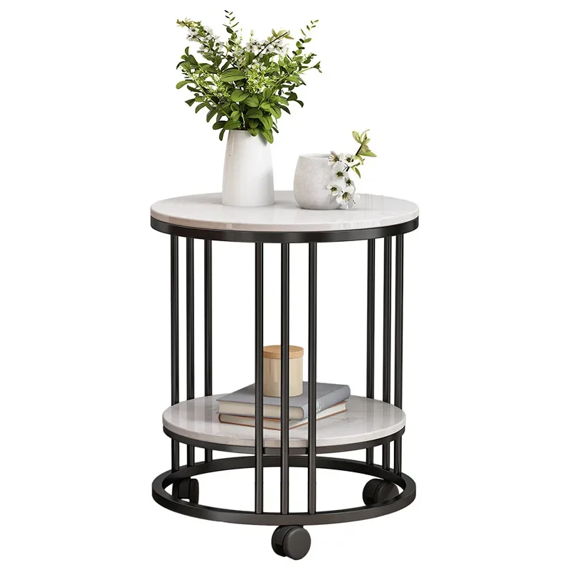 

Small coffee table, living room, sofa side, round table, wrought iron marble light luxury corner table with wheel edge cabinet