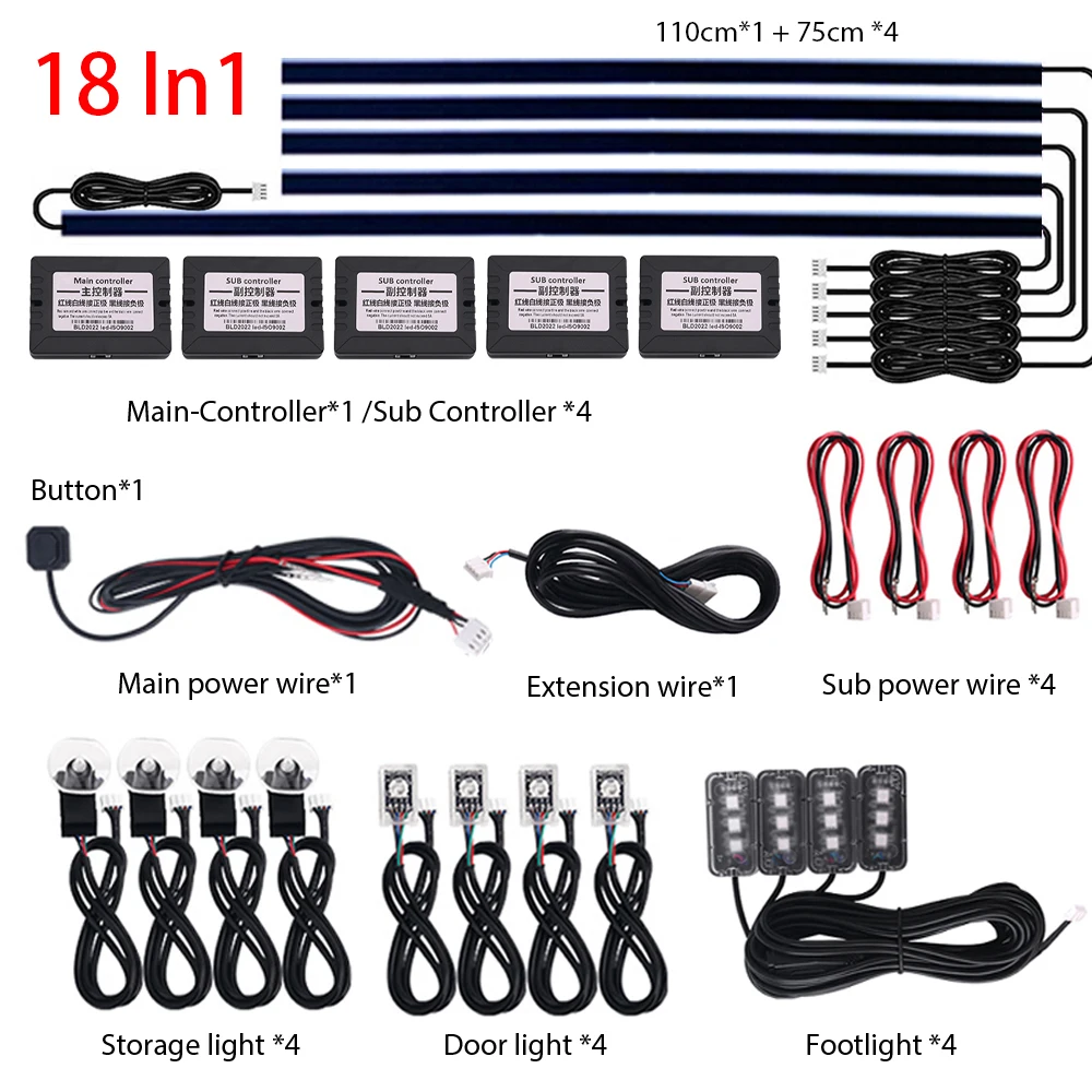 18 in 1 Umgebungslicht für den Innenraum des Autos, 64 Farben, atmen Sie die Armaturenbrett-Türdekoration, LED-Streifenlichter, RGB, Bluetooth, App-Steuerung, 12 V