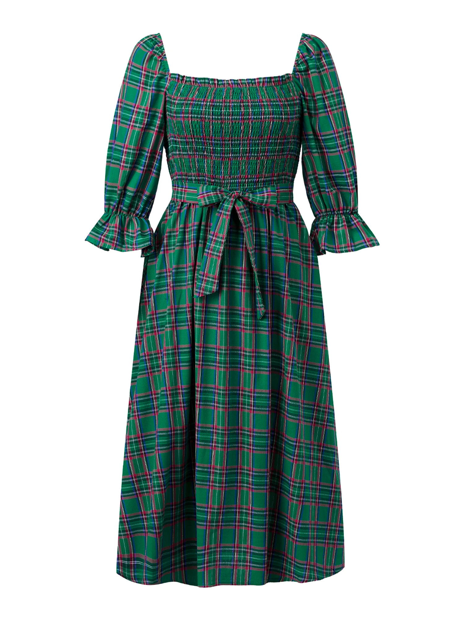 女性の夏のロング T シャツドレス パフスリーブ スクエアネック ハイウエスト チェック柄ドレス