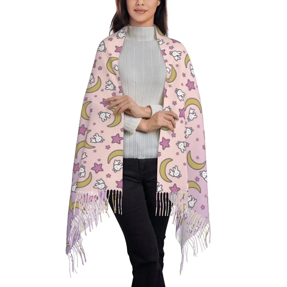 Sailor Moon - Usagi's Print Moon Bunny Blanket Scarf Tassel Scarves for Women Soft Warm Shawls and Wraps Fall Winter Shawl Wrap